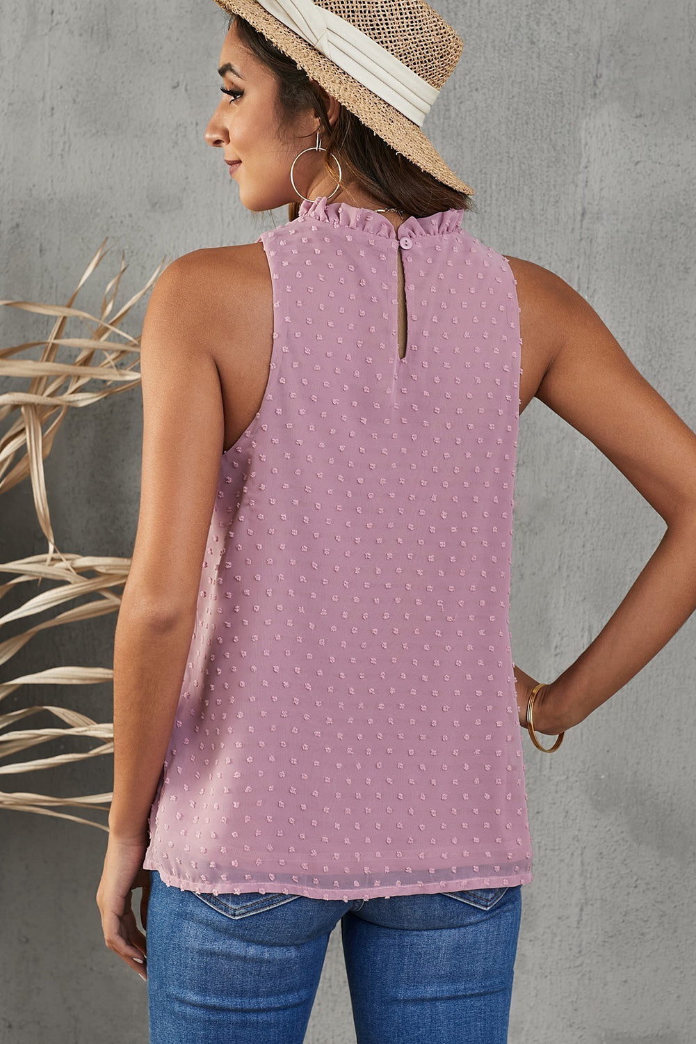 Frill Swiss Dot Round Neck Tank - Flyclothing LLC