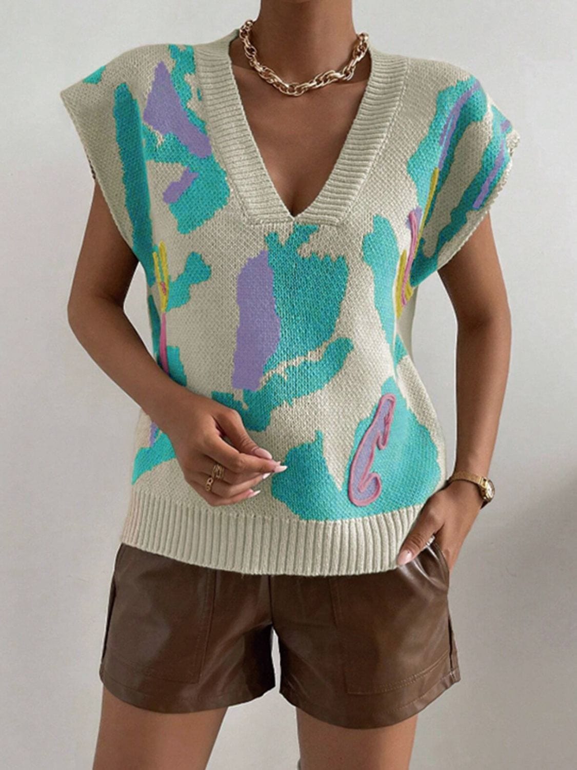 Color Block V-Neck Sweater Vest - Trendsi