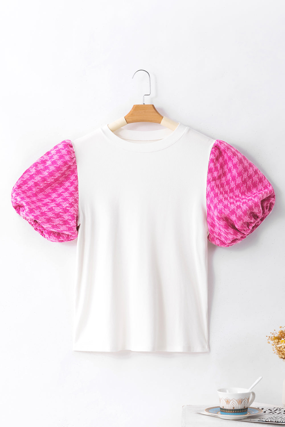 Houndstooth Round Neck Short Sleeve Blouse - Flyclothing LLC