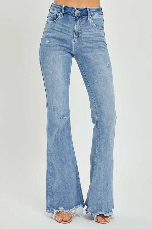 Risen Full Size High Rise Frayed Hem Flare Jeans - Trendsi