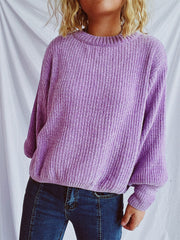 Round Neck Dropped Shoulder Long Sleeve Sweater - Trendsi