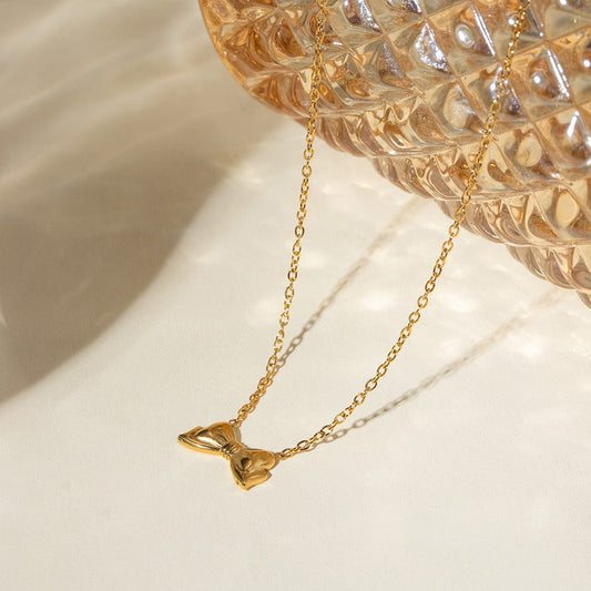 18K Gold-Plated Stainless Steel Bow Necklace - Trendsi