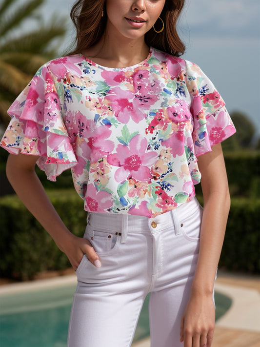 Floral Round Neck Flutter Sleeve Blouse Trendsi