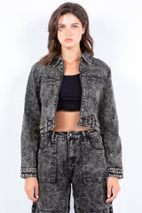 American Bazi Overdyed Bleached Zip Up Cropped Jacket - Trendsi