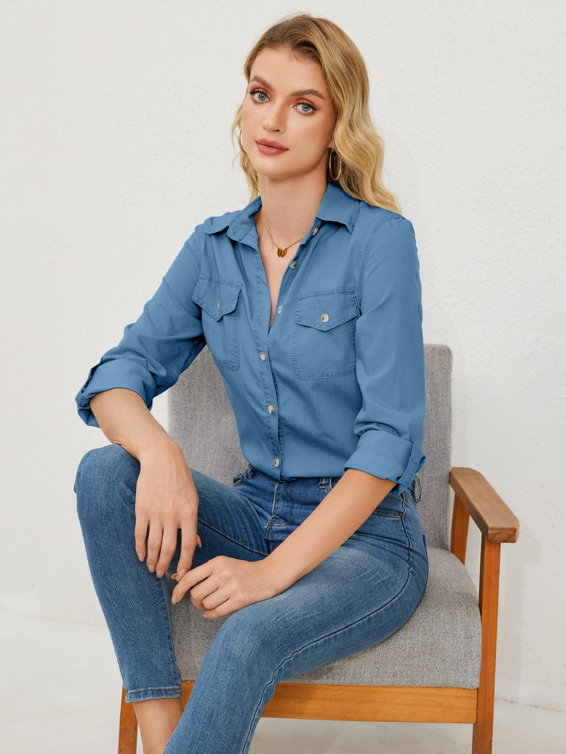 Pocketed Button Up Long Sleeve Denim Shirt - Flyclothing LLC