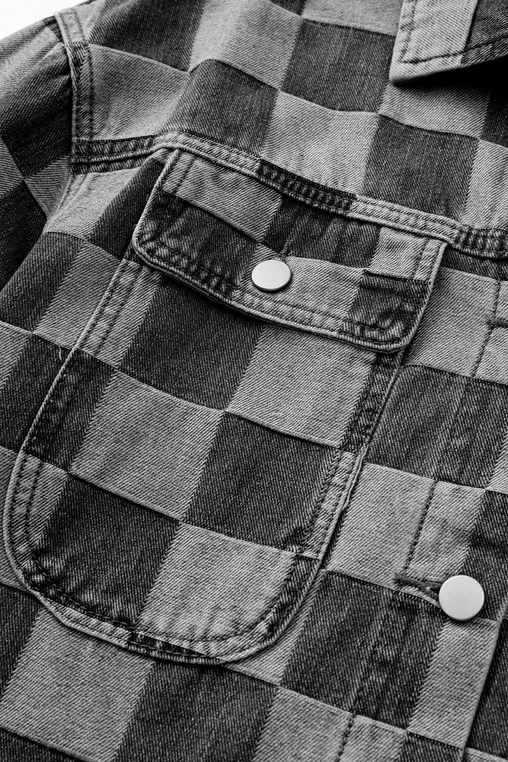 Checkered Button Up Denim Jacket - Trendsi