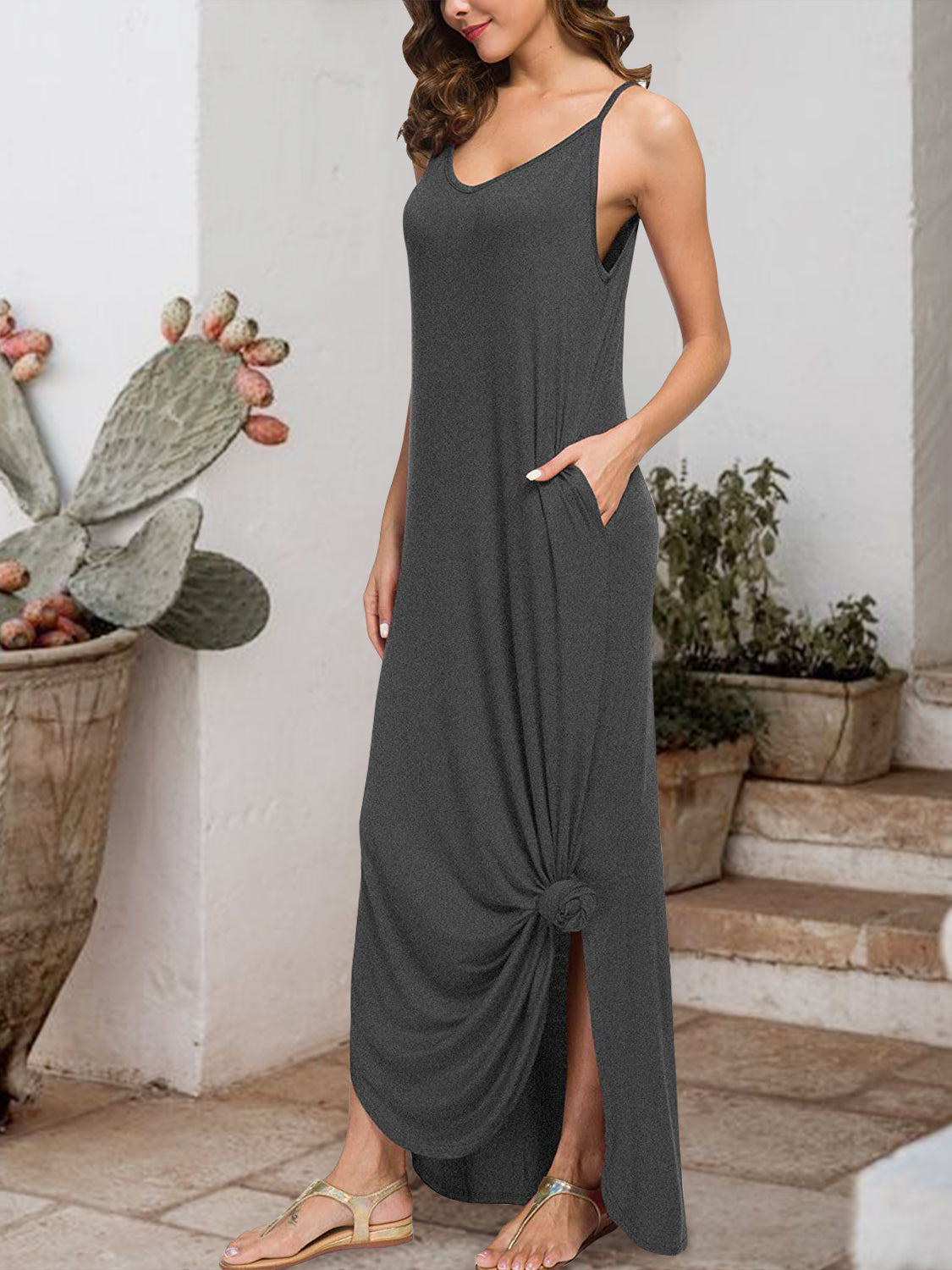 Slit Scoop Neck Sleeveless Dress Trendsi