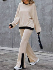 Contrast Round Neck Long Sleeve Top and Bootcut Pants Set - Trendsi