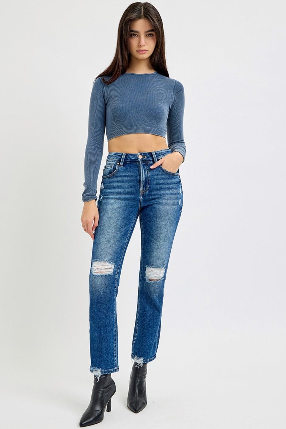 RISEN Full Size High Rise Distressed Crop Straight Jeans - Trendsi