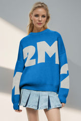 Basic Bae Contrast Letter Round Neck Long Sleeve Sweater - Trendsi