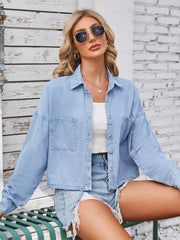 Button Up Long Sleeve Denim Jacket with Breast Pockets - Trendsi