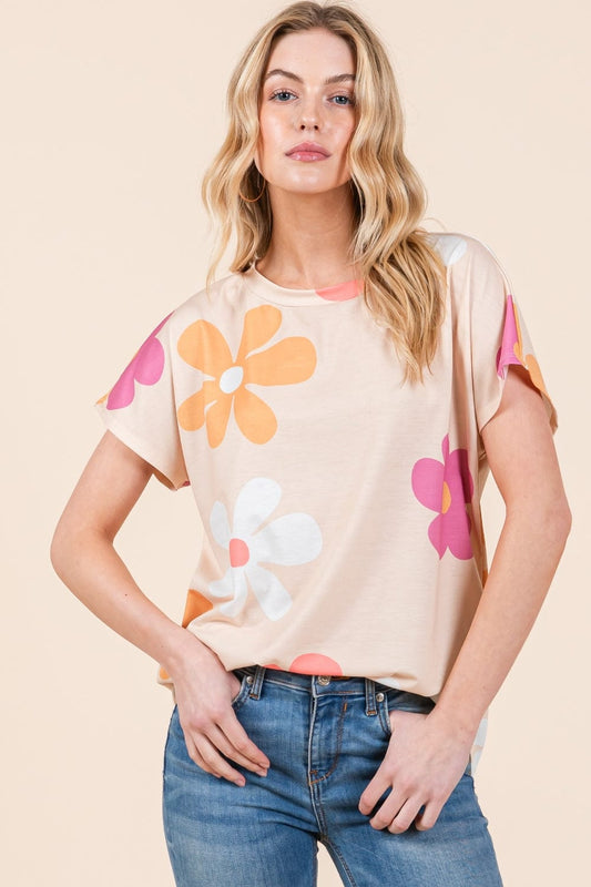 BOMBOM Floral Short Sleeve T-Shirt - Trendsi