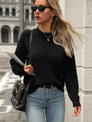 Cable-Knit Round Neck Long Sleeve Sweater - Trendsi