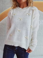 Bow Trim Round Neck Long Sleeve Sweater - Trendsi