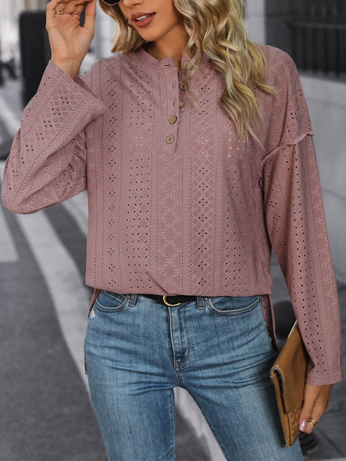 Eyelet Round Neck Long Sleeve Top - Trendsi