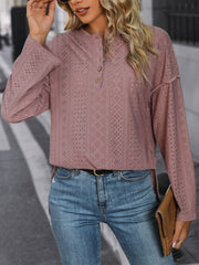 Eyelet Round Neck Long Sleeve Top - Trendsi