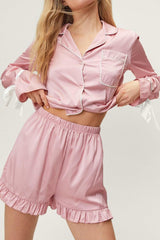 Basic Bae Tied Cuff Collared Neck Top and Frill Shorts Lounge Set - Trendsi