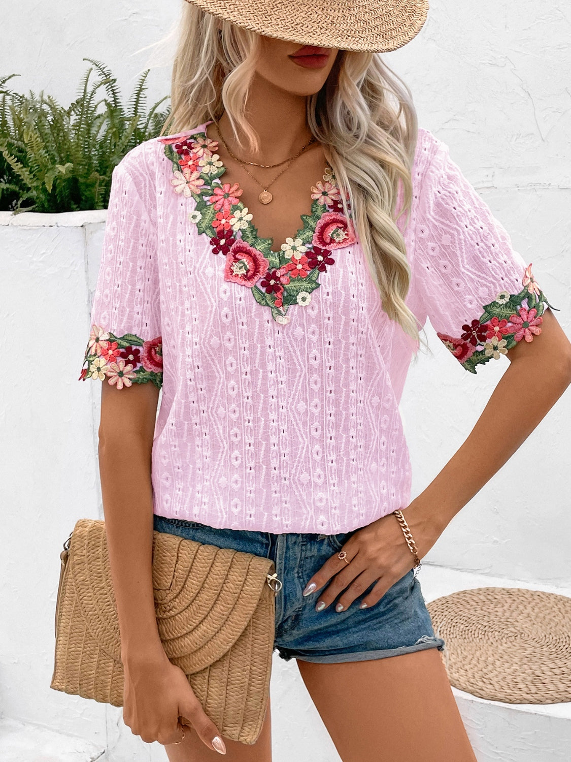 Eyelet Embroidered V-Neck Short Sleeve Blouse Trendsi