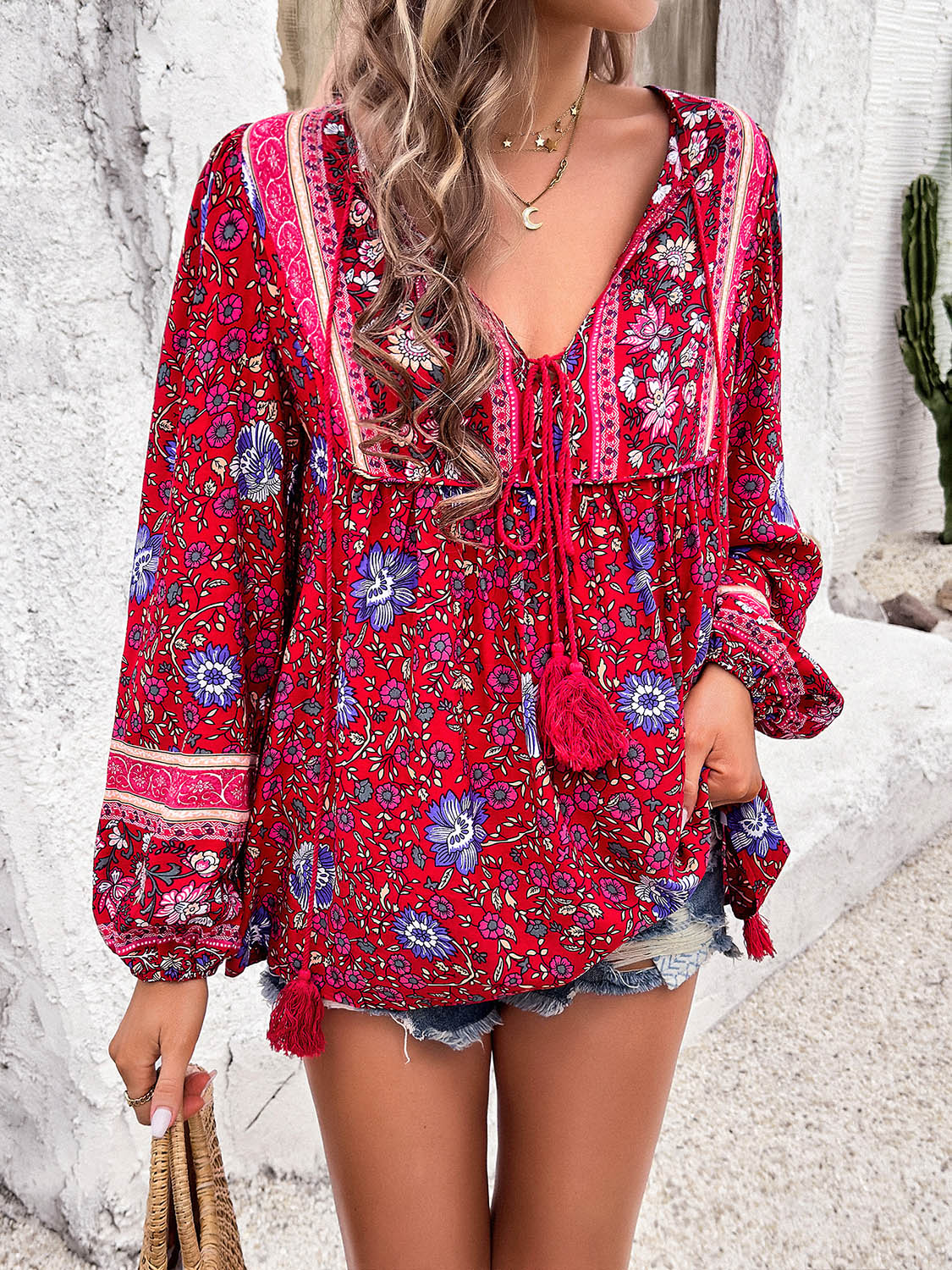 Printed Tie Neck Long Sleeve Blouse - Flyclothing LLC