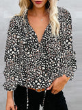 Printed Tie Neck Long Sleeve Blouse - Flyclothing LLC