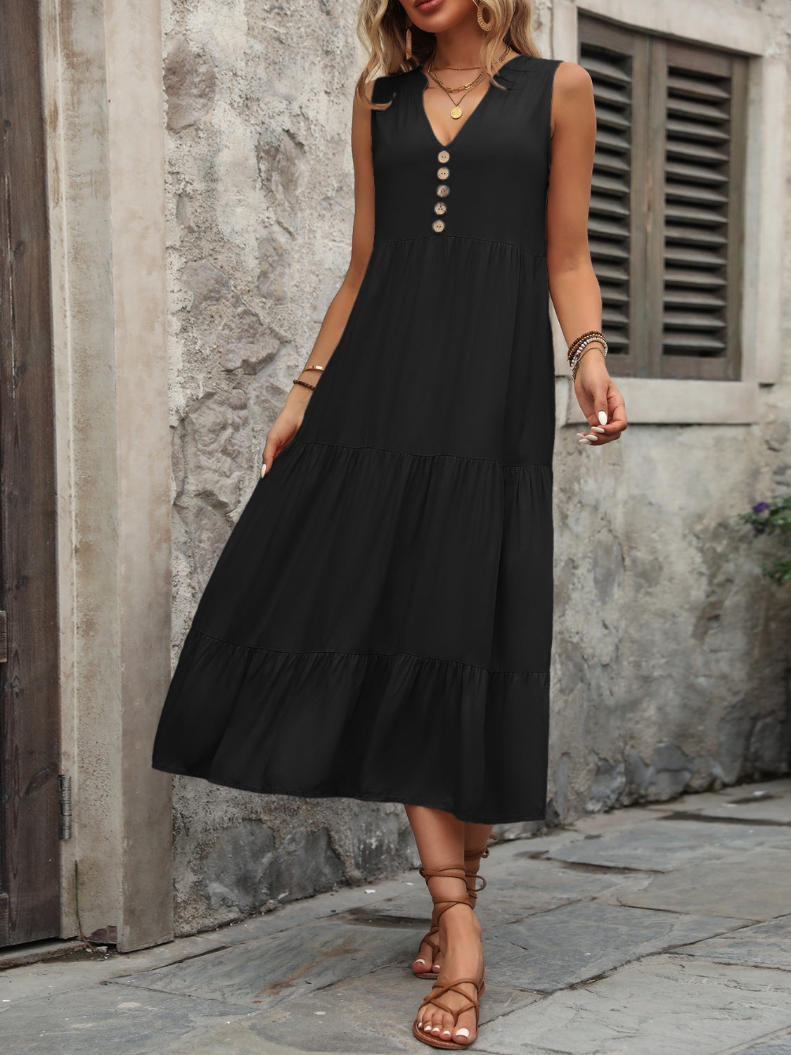 Decorative Button Notched Sleeveless Dress Trendsi