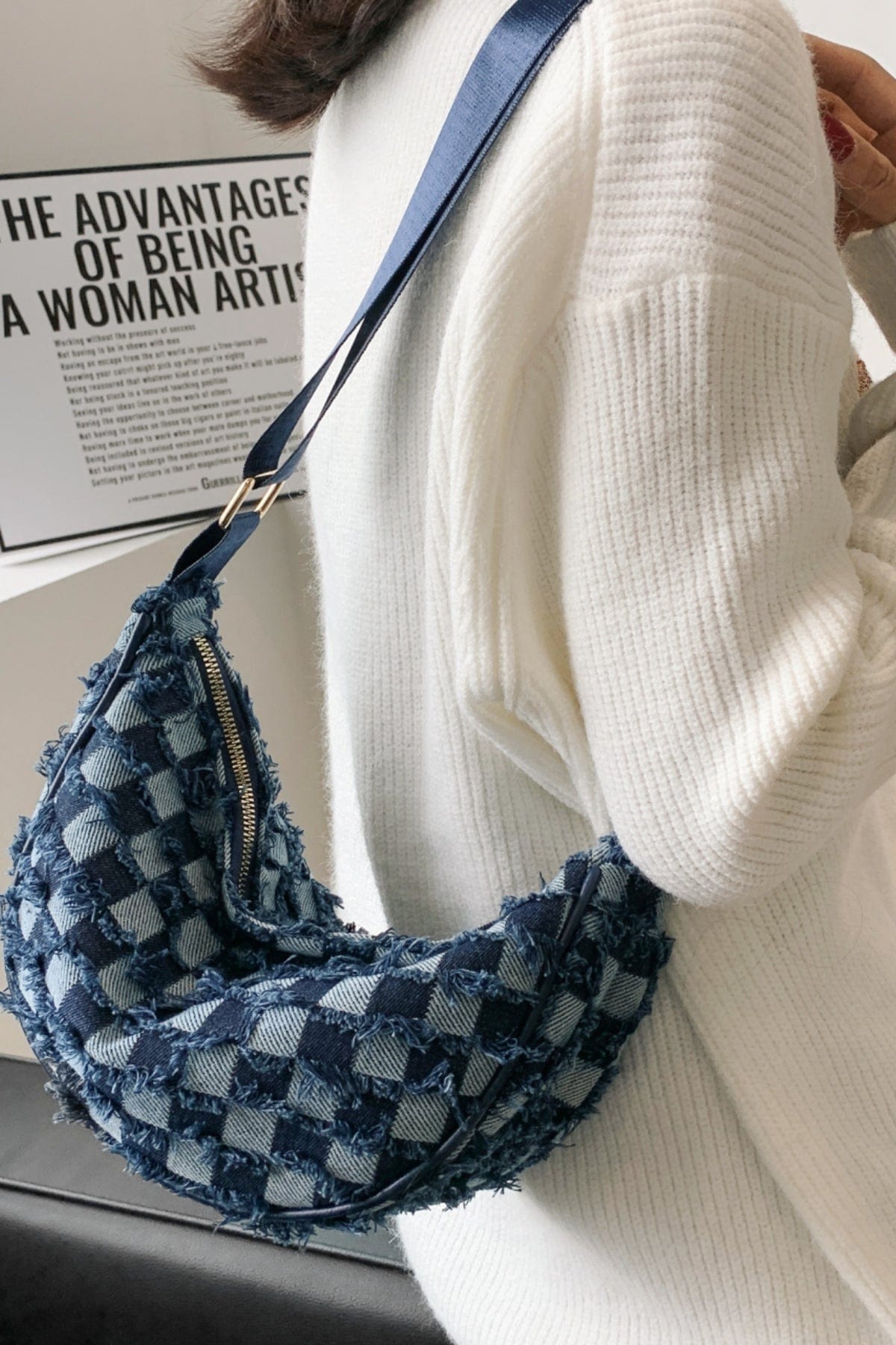 Raw Hem Checkered Denim Crossbody Bag - Trendsi