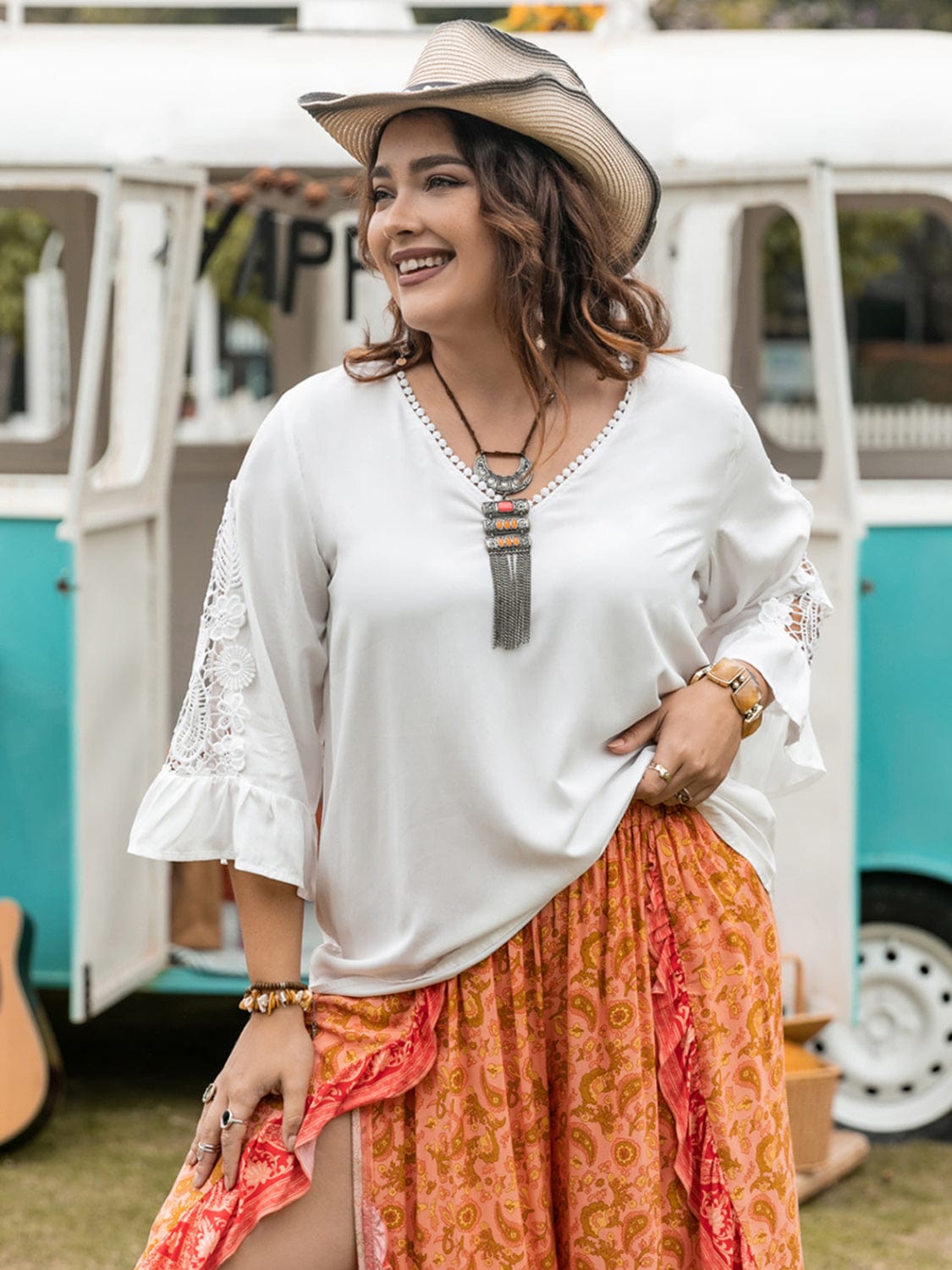 Plus Size Lace Detail V-Neck Three-Quarter Sleeve Blouse - Trendsi