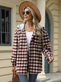 Drawstring Plaid Long Sleeve Hooded Jacket - Trendsi