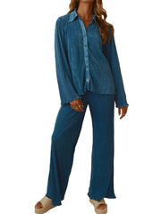 Collared Neck Long Sleeve Top and Pants Lounge Set - Trendsi