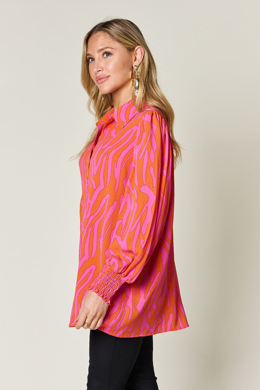 Double Take Full Size Printed Smocked Long Sleeve Blouse - Flyclothing LLC