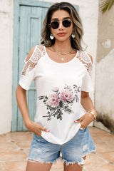 Lace Detail Round Neck Cold Shoulder Blouse Trendsi