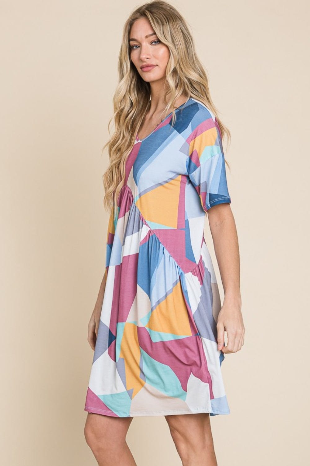 BOMBOM Ruched Color Block Short Sleeve Dress - Trendsi