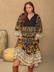 Plus Size Floral V-Neck Balloon Sleeve Midi Dress - Trendsi