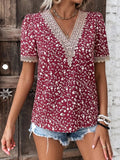 Full Size Printed V-Neck Short Sleeve Blouse - Flyclothing LLC