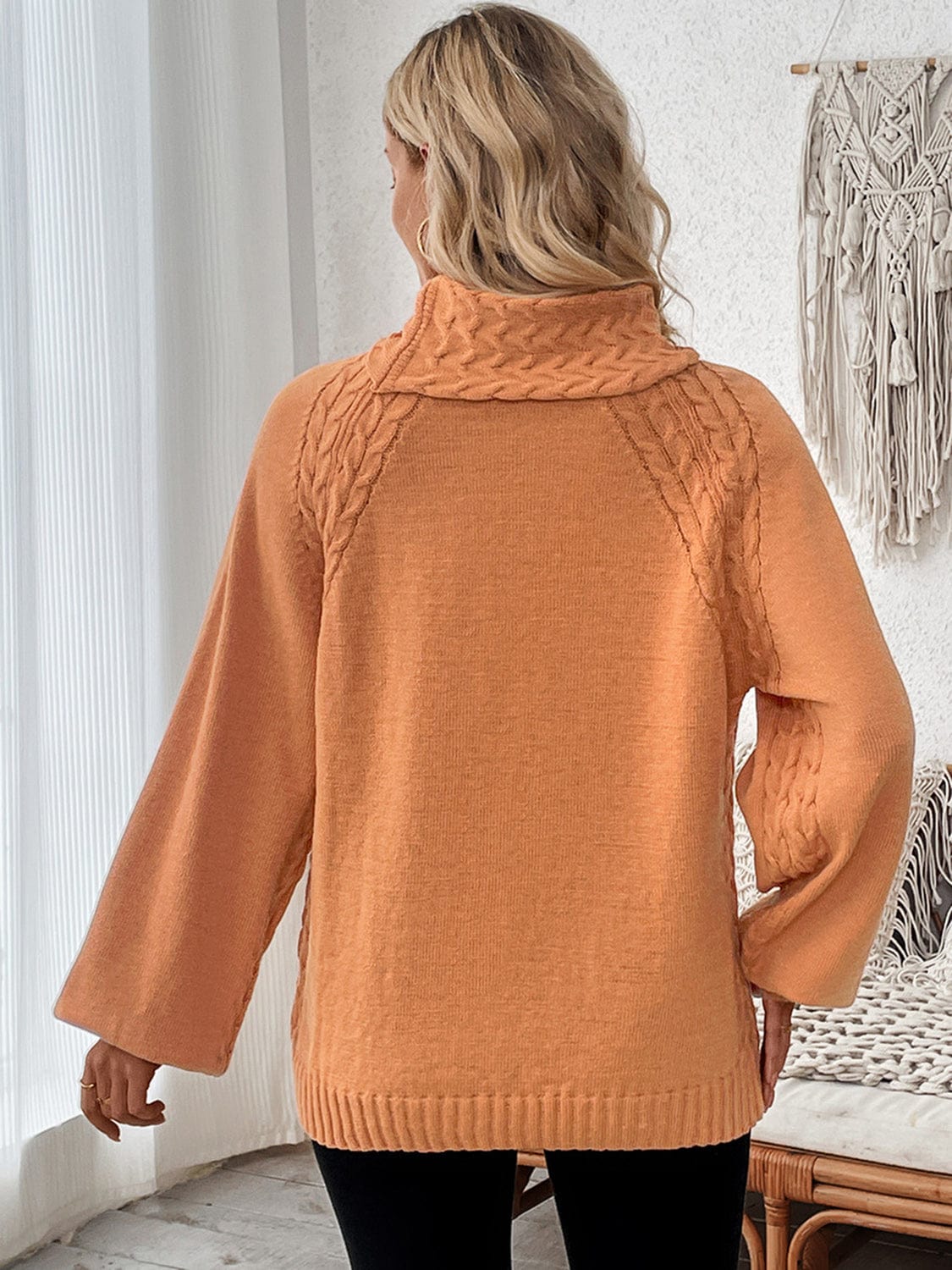 Cable-Knit Turtleneck Long Sleeve Sweater - Trendsi