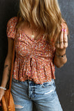 Drawstring Floral V-Neck Short Sleeve Blouse - Flyclothing LLC