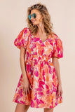 BiBi Floral V-Neck Puff Sleeve Mini Dress - Flyclothing LLC