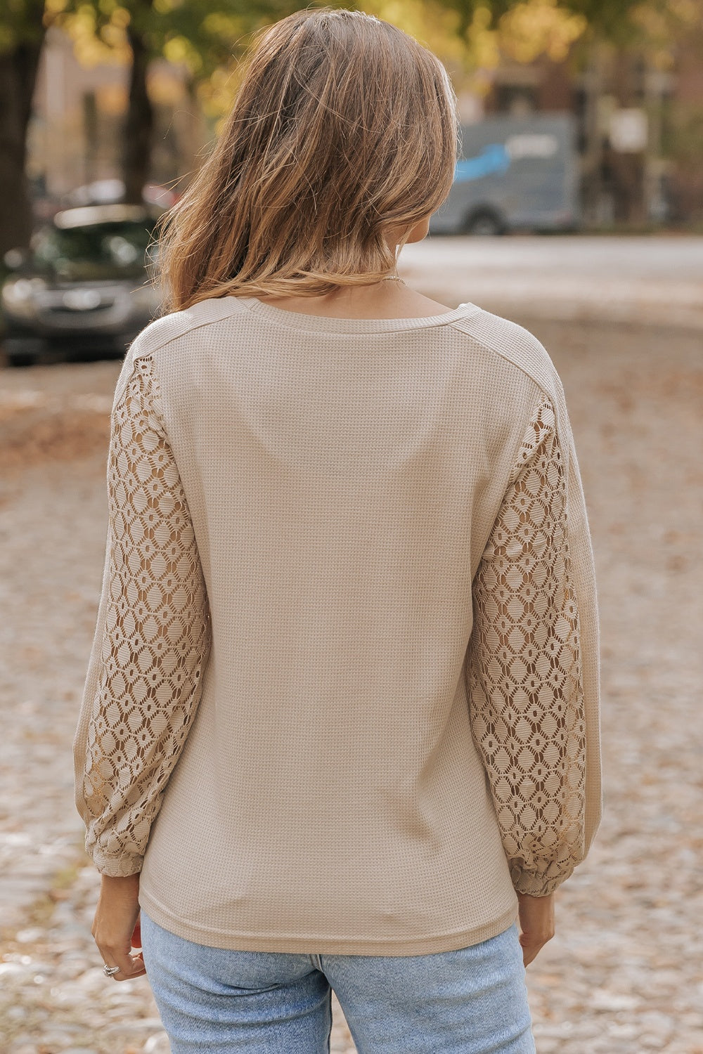 Waffle-Knit Round Neck Long Sleeve Blouse - Flyclothing LLC