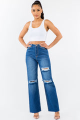 American Bazi High Waist Distressed Wide Leg Jeans - Trendsi