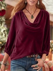 Cowl Neck Three-Quarter Sleeve Top - Trendsi