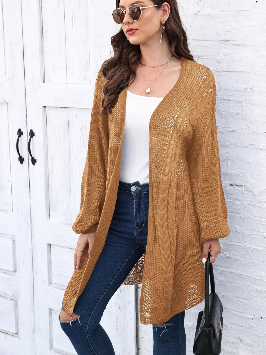 Cable-Knit Open Front Long Sleeve Cardigan - Trendsi