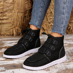 Lace-Up Round Toe Flat Sneakers - Trendsi