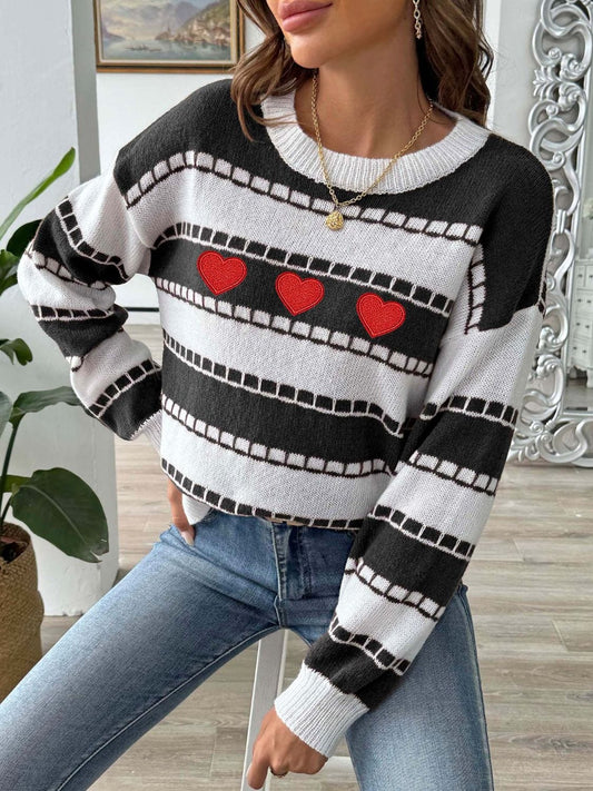 Heart Round Neck Long Sleeve Sweater - Trendsi