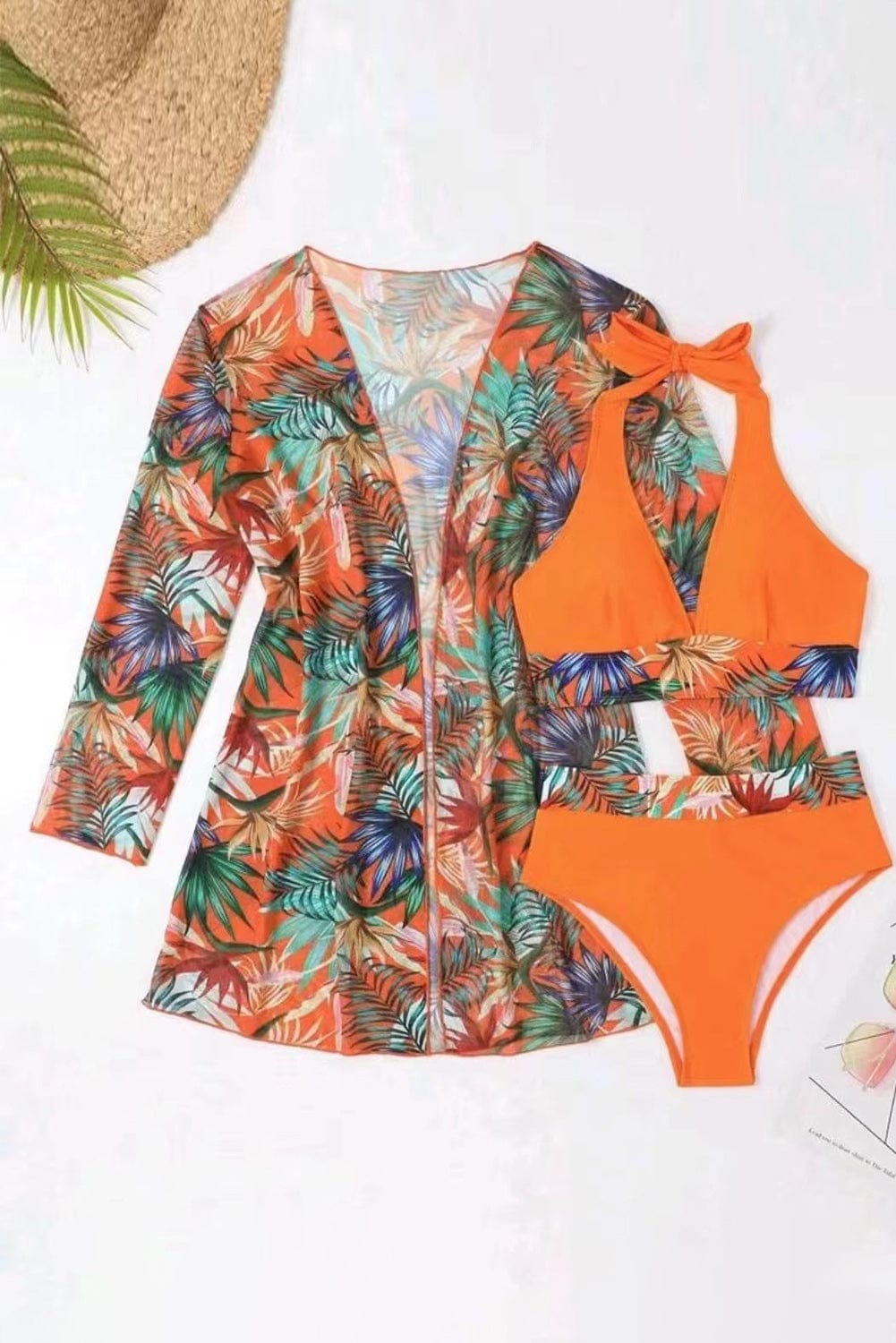 Printed Halter Neck Three-Piece Swim Set - Trendsi