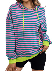 Drawstring Striped Long Sleeve Hoodie - Trendsi