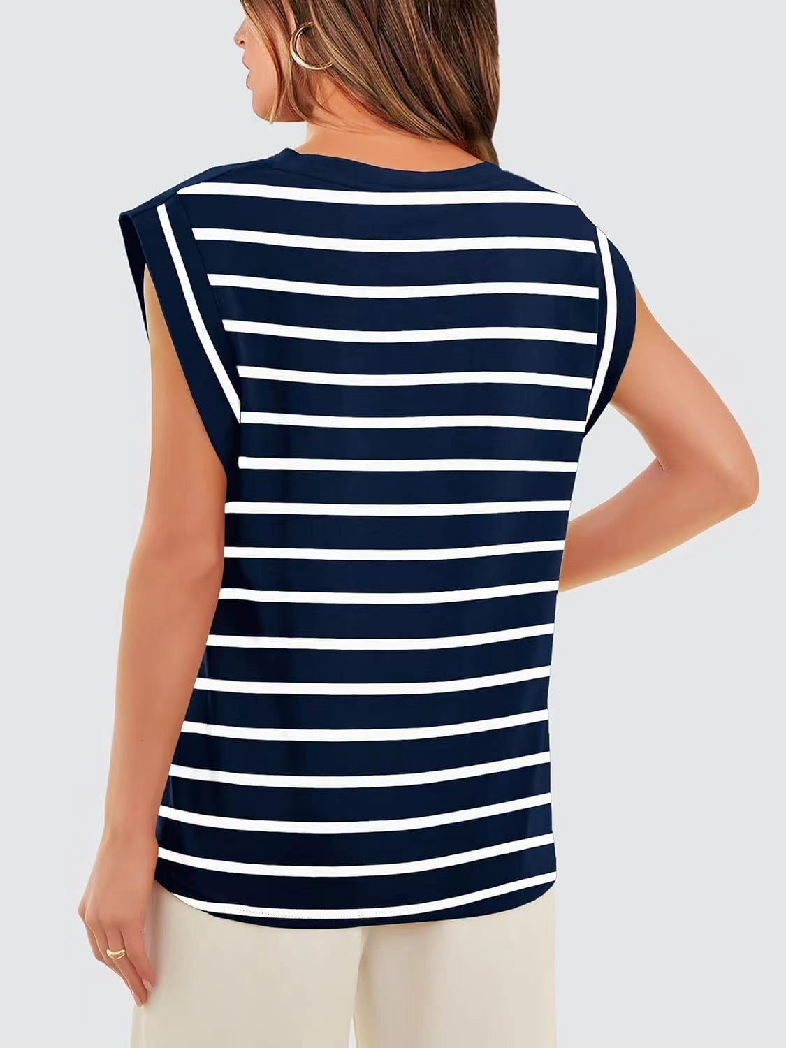 Striped Round Neck Cap Sleeve T-Shirt - Flyclothing LLC