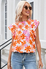 Printed Round Neck Cap Sleeve Blouse Trendsi