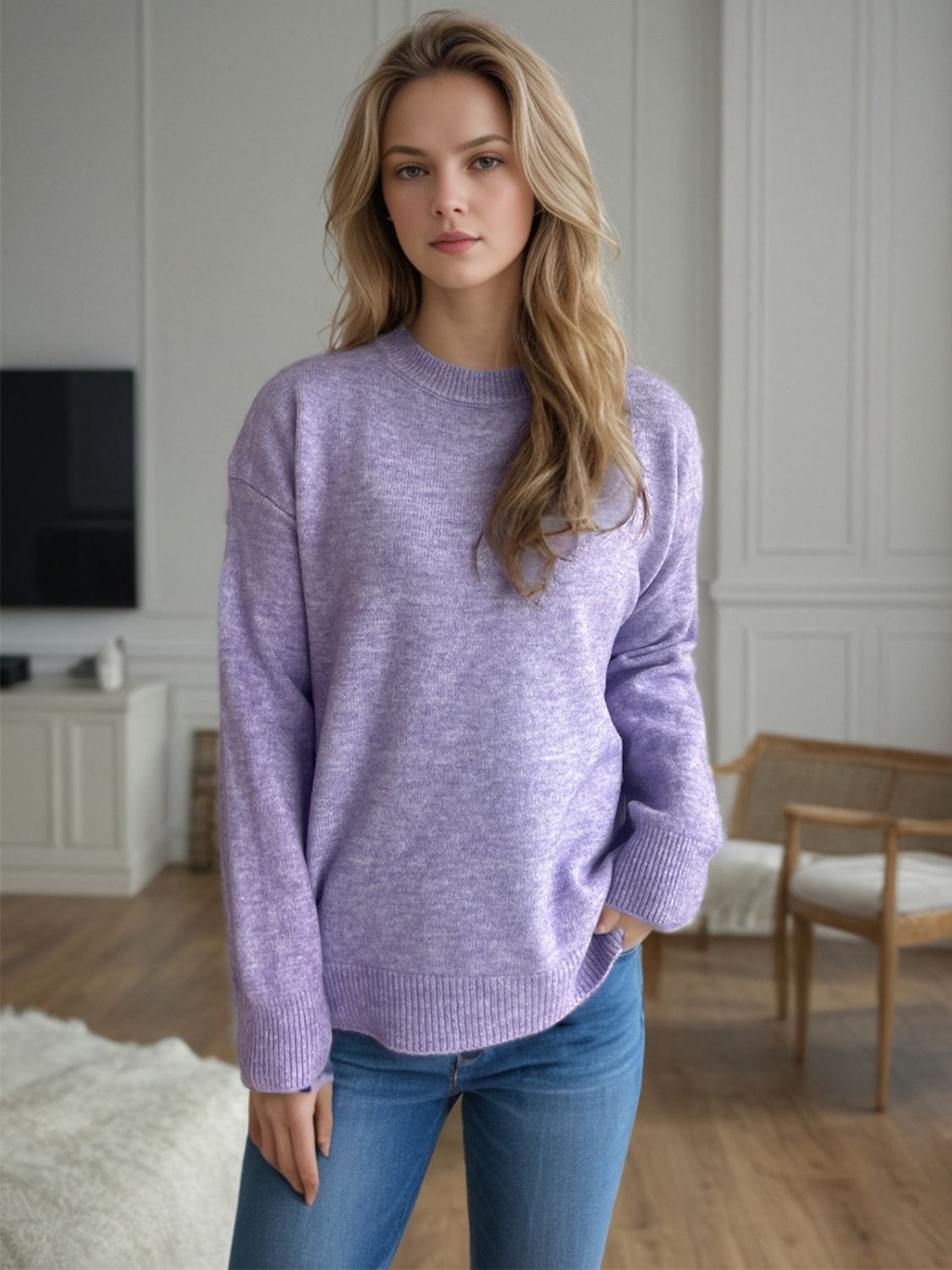 Round Neck Drop Shoulder Long Sleeve Sweater - Trendsi