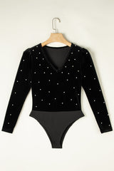 Pearl Detail Velvet V-Neck Long Sleeve Bodysuit - Trendsi