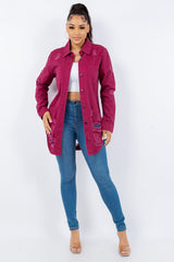 American Bazi Distressed Button Up Long Sleeve Denim Jacket - Trendsi